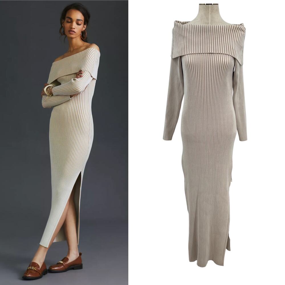 Anthropologie Off-The-Shoulder Sweater Midi Dress Cream‎ Beige Tan Size XL